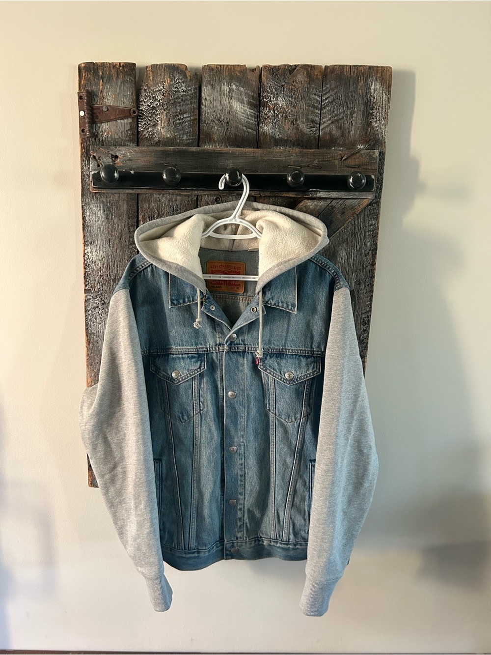 Men's Levi's Blue Denim Hooded Jacket with Gray Sleeves & Hood